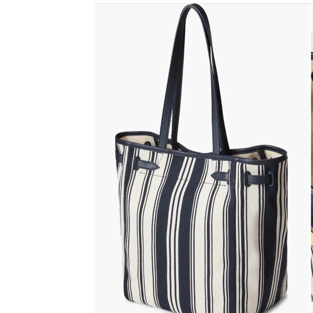 Veronica Beard Stripe Canvas Dash Tote Bag Navy White Striped Leather Trim Large